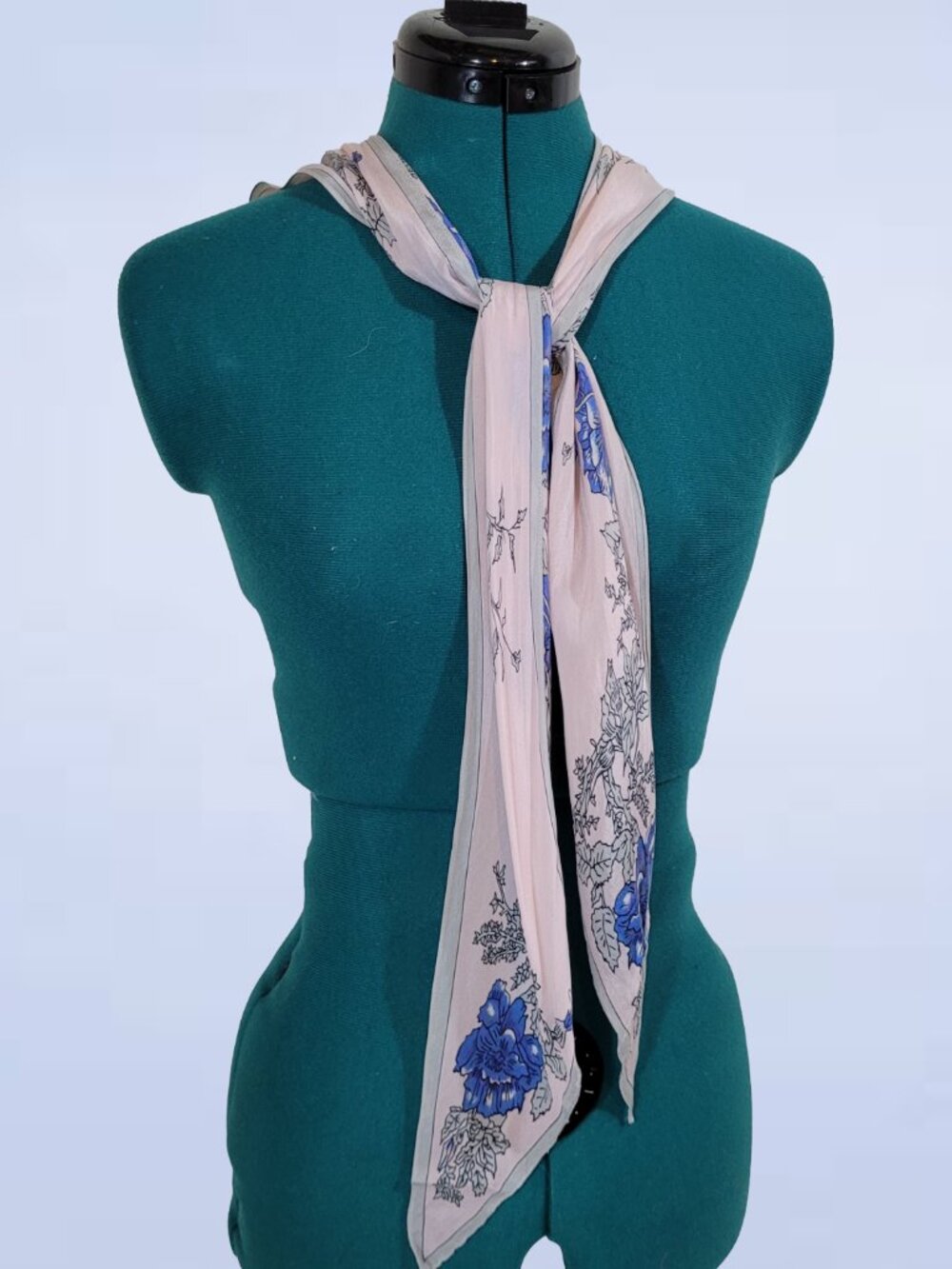 Vintage Demaro Silk Rectangle Scarf - Pink & Blue Floral Sketch